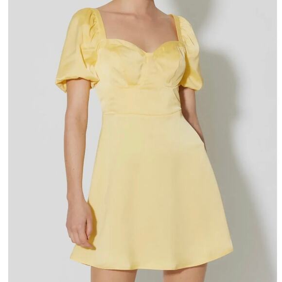 Something New Gloria Mini Dress Yellow Satin Short Puff Sleeve Womens XS - Picture 1 of 10
